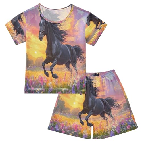 ALAZA Black Horse Flower Sunset Pajamas Set Short Sleeve Cotton Sleepwear Summer Pjs 2 Piece 5-14Y