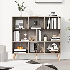 DIFY 8 Cube Wood Bookcase wit Legs, 3-Tier Open Standing Display Bookshelves for Office, Bedroom, Living Room, Grey
