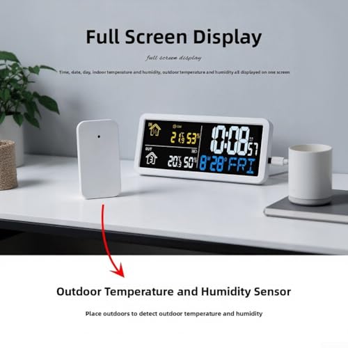 Termómetro digital higrómetro interior exterior con sensor inalámbrico y reloj blanco 8