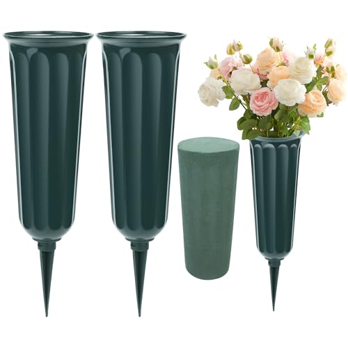Vivantia 2 Pieces Grave Vases with Spikes & Floral Foam Cemetery Vases Graveside Flowers Holder Graves Flower Vase for Grave Yard Lawn Memorial Garden Decor (Green)
