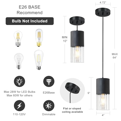 Image of 2-Pack Black Pendant Light Fixtures, Adjustable Modern Pendant Lights for Kitchen Island, Industrial Clear Glass Pendant Lights for Dining Table Hallway Bedroom Living Room