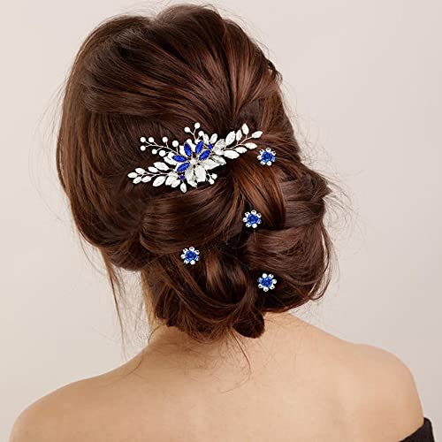 inSowni 33 Pack Royal Blue Rhinestone Pearl Crystal Flower Bridal Hair Side Combs Slides+Gems Spiral Hair Clips+U Shaped Hair Pins Wedding Headpieces Accessories for Women Girls Brides Bridesmaids - Image 4