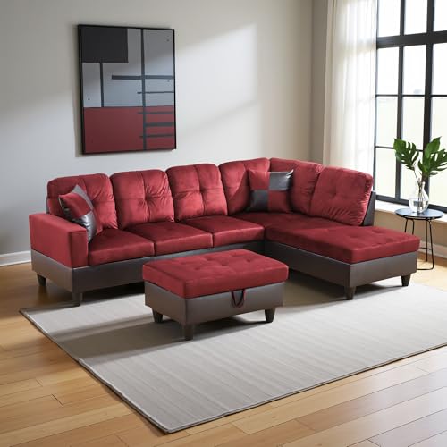 Lyngins Couches for Living Room Modern L Shaped Couch Comfy Flannel Fabric 3 Pieces Sectional Sofa with Chaise, Ottoman with Storage for Office and Small Apartment, Red