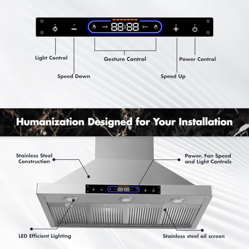 Image of VAV 48 inch Range Hood, 1500CFM Dual Motor, Gesture Control, Stainless Steel | Wall Mount Range Hood 4 Speed Exhaust Fan LED Lighting Convertible Vent