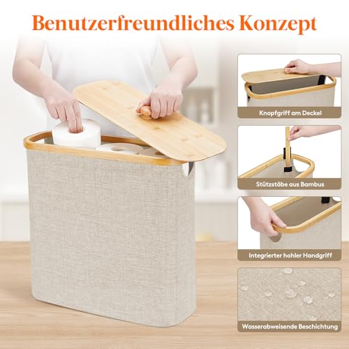 Lifewit Toilettenpapier Aufbewahrungskorb, Bambus Badezimmer Organizer, Klopapier Aufbewahrungsschrank für Enge Räume, Toilet Paper Behälter mit Deckel, 30L, Beige 4