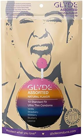 GLYDE Assorted Flavored Ultra Thin Condoms - 10 Count - Organic Flavor Extract, Ultra-Thin, Vegan, Non-Toxic, Medium Size Natural Rubber Latex, 53mm Yummy Standard Fit
