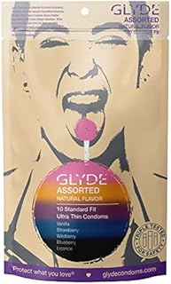 GLYDE Assorted Flavored Ultra Thin Condoms - 10 Count - Organic Flavor Extract, Ultra-Thin, Vegan, Non-Toxic, Medium Size Natural Rubber Latex, 53mm Yummy Standard Fit