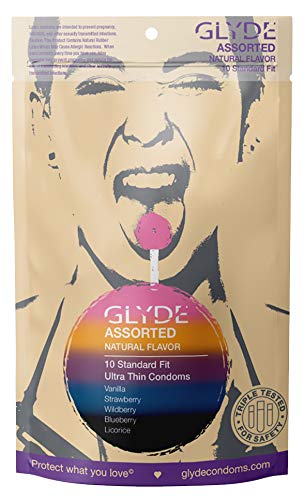 Glyde Assorted Flavored Ultra Thin Condoms - 10 Count - Organic Flavor Extract, Ultra-Thin, Vegan, Non-Toxic, Medium Size Natural Rubber Latex, 53Mm Yummy Standard Fit #TOP11