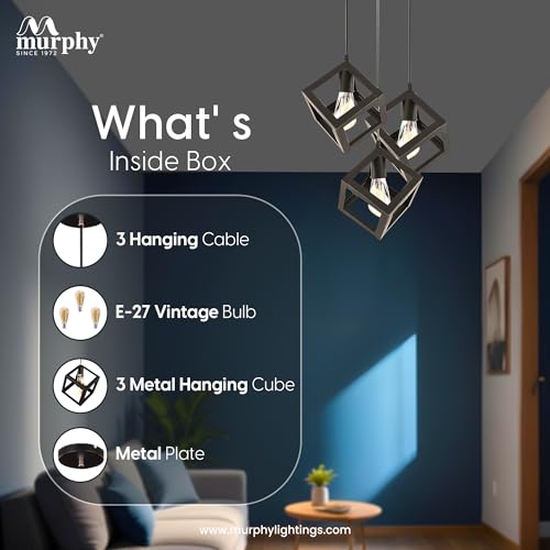 Image of Murphy Metal Cube Shape Pendant Light with Bulb -Set of 3, Pack of 2|Hanging Ceiling Light with Braided Cord|Decorative Chandelier for Home, Living Room, Indoor, Outdoor&Bar|Jhumar Lighting (Black)