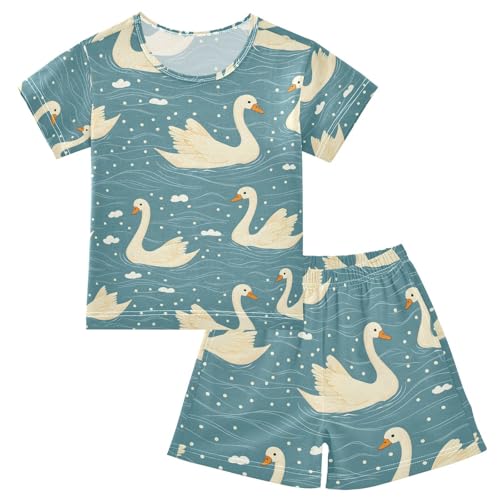 ALAZA Swan Lake Water Pajamas Set Short Sleeve Cotton Sleepwear Summer Pjs 2 Piece 5-14Y