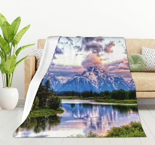 HGOD DESIGNS Mountain Nature Blanket Grand Snowy Mountains See Tree Landscape Green Blue Throw Blanket Decor Cozy Warm for Home Bedroom Sofa Office 40