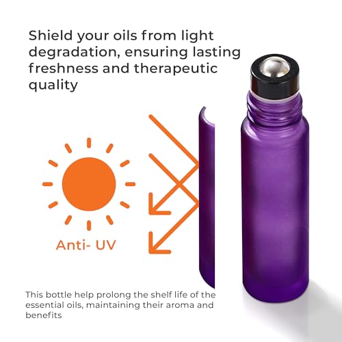 Your Oil Tools 10 Pack Essential Oil Roller Bottles, 10ml Empty Purple Frosted Glass Roll-on with Leak Guard Stainless Steel Roller Balls & Black Caps for oils and perfume3