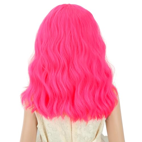 Image of PATTNIUM Neon Pink Wig Short Curly Wavy Wigs for Kids Girls Pink Side Part Shoulder Length Heat Resistant Synthetic Wig Halloween Cosplay Costume Party Daily Wigs