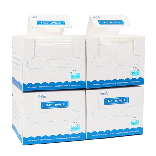 HOMEXCEL Toallas faciales, 200 unidades (4 cajas) toallas faciales desechables, toallitas secas biodegradables para eliminar el maquillaje, toallas faciales súper suaves y limpias para pieles