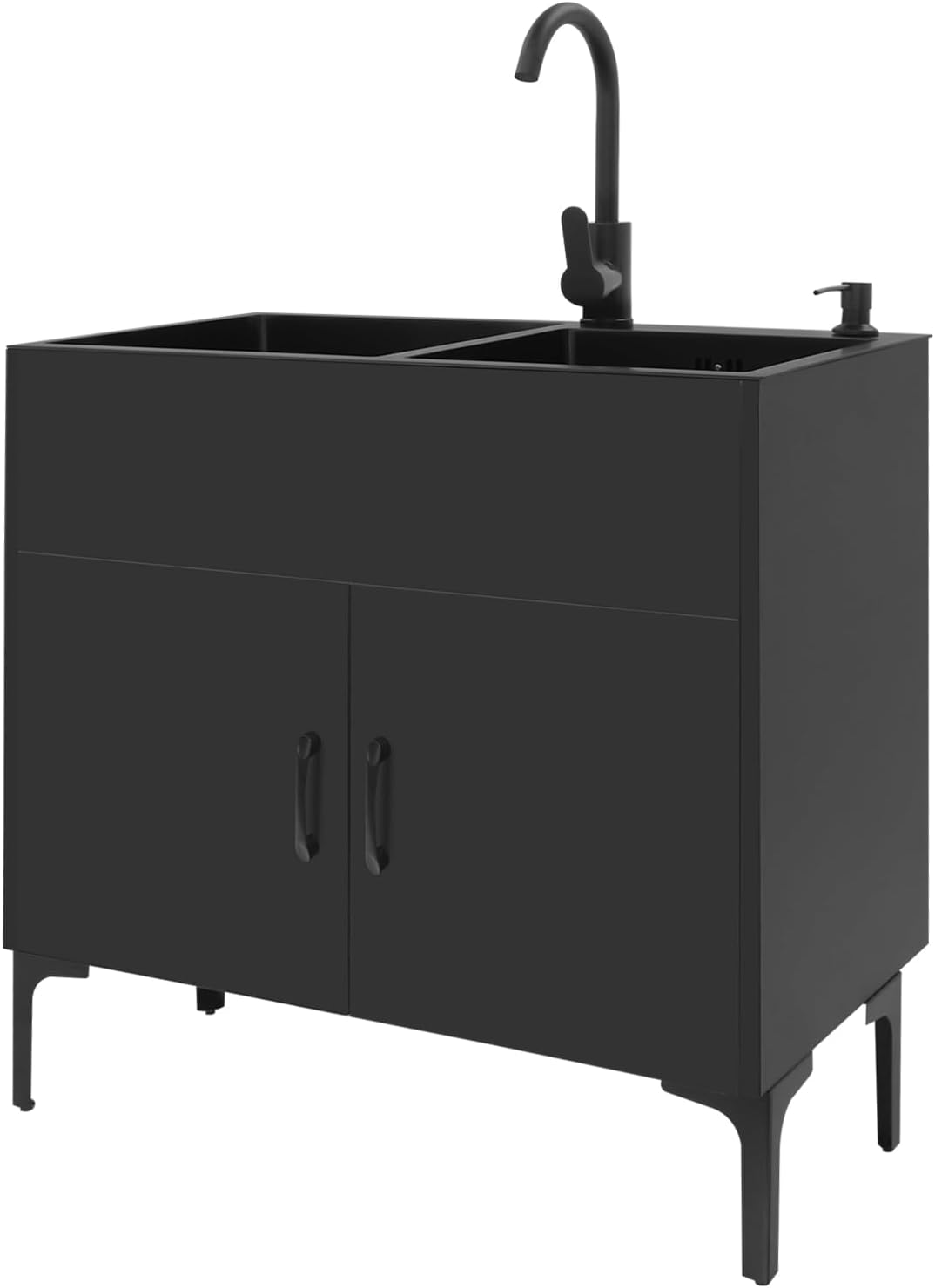 30-Inch Laundry Room Double-bowl Sink Cabinet, Utility Sink Cabinet with Cold & Hot Faucet Freestanding, Bathroom Kitchen Stainless Steel Laundry Basin (Black)