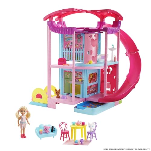 Barbie Chelsea Maison Meublée, 3 Niveaux De Jeu, 2 Animaux De Compagnie Et Plus De 20 Accessoires Inclus, Piscine Et Toboggan, Jouet pour Enfant de 3 Ans et...