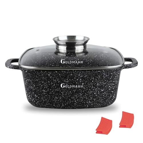 Goldmann Cacerola cuadrada de aluminio fundido de 24 cm (4,5 L) con mango de silicona, tapa de cristal, cerámica, inducción, botón de aroma, sin PFOA, apto para lavavajillas