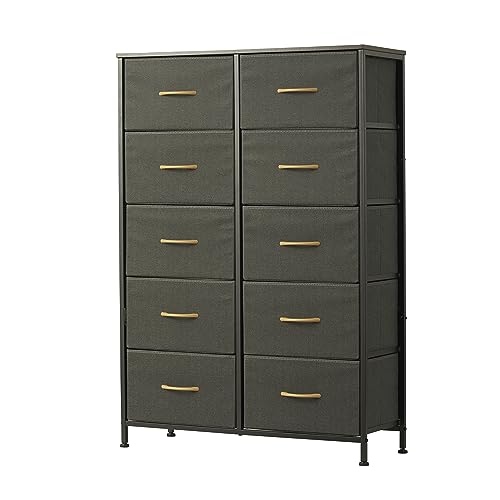 LunarLight Cómoda de 10 cajones, torre de almacenamiento de tela para dormitorio, pasillo, guardería, unidad organizadora de pecho alto con contenedores de tela, marco de acero, parte superior de