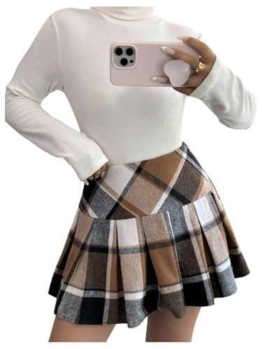 MakeMeChic Women's Plaid Print Pleated Mini Skirt A Line Business Office Short Skirts