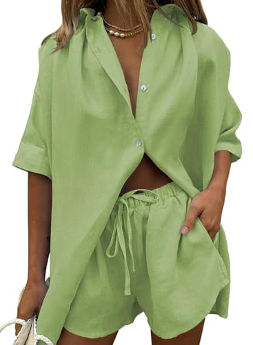 Image of Fixmatti Women 2 Piece Outfits Long Sleeve Button Down Blouse and Shorts Sweatsuit Sets