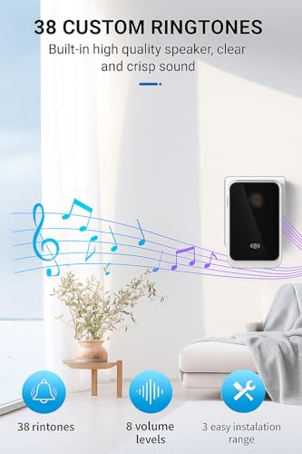 Image of Door Bell without Wire with 300m Range, 38 Ringtones & 8 Volume Levels | Plug-in Receiver & Waterproof Transmitter - Black