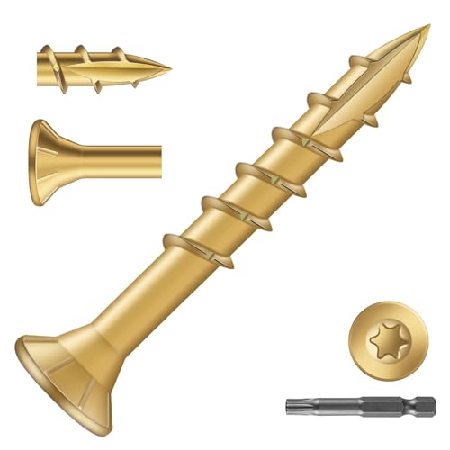 Image of #8 x 1-1 /4 inch Deck Screws (183Pcs) 1lb. Exterior Wood Screws. Carbon Steel, Tan, Flat Head, Rust Resistant epoxy Coated, with T25 Star Bit
