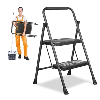 2 Step Ladder, Protable Steel Folding Stool with Wide Anti-Slip Pedal, 500lbs Sturdy Steel Ladder, Black