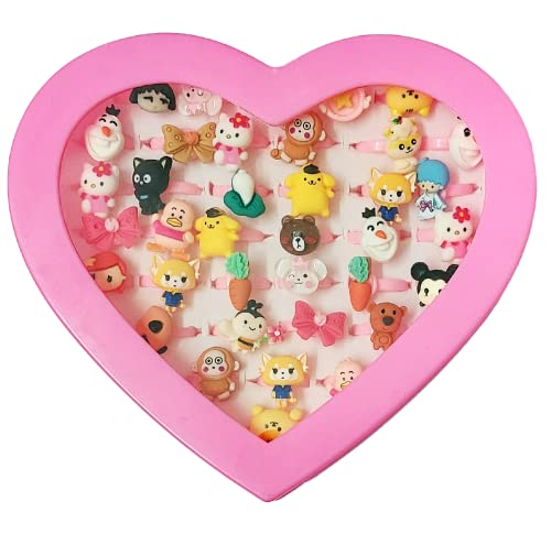 SUPER TOY Adjustable Finger Ring for Girls - 36 Pcs, Plastic, 3D Cartoon Pattern