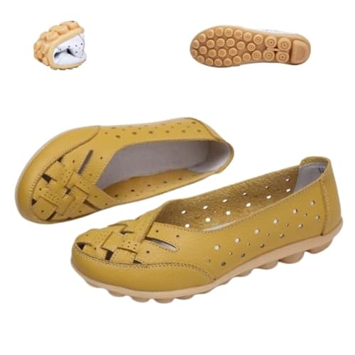 Womens Orthopedic Loafers in Breathable Leather Comfortable Hollow Closed Toe Soft Flats Sandals Summer Casual Slip-On Shoes (Ye