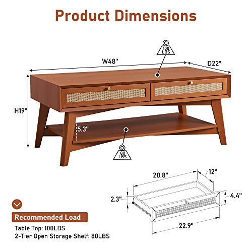 Okd 48" Coffee Table With Natural Rattan Drawers, Mid Century Modern 2-Tier Center Table With Open Storage Shelf, Boho Rectangular Wood Cocktail Table For Living Room, Cherry #TOP1