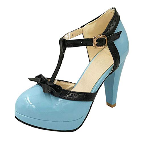 LOVOUO Femme Chaussure Mary Jane Escarpin Rockabilly Vintage Rétro Talon Bloc Lanière Carré Haut Vernis Plateforme Chunky avec Noeud Boucle 9CM(Bleu Ciel,37)