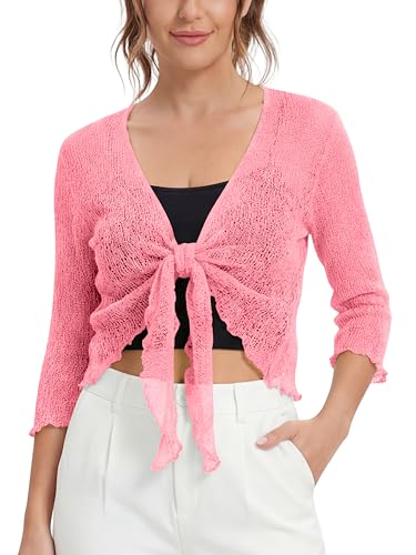 Love My Fashions Womens Fish Net Knitted Tie Up Bolero Shrug Top Ladies 3/4 Sleeve One Size Fits All Baby Pink