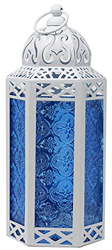Vela Lanterns White Moroccan Lamp Lantern Decorative Candle Holder for Indoor Outdoor Weddings, Home Decor, Patio, Weddings, Cobalt Glass, Medium
