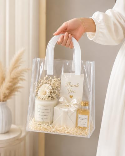 Image of SATYAM KRAFT 6 Pcs Transparent Reusable Leather Goodie Bags | Elegant Gift Bags for Her /Him Wedding Return Favors, Engagement Hampers, Marriage, Birthday & Festival Gifting | Handle Hamper Shopping Carry Bags (U-shaped White - Large)