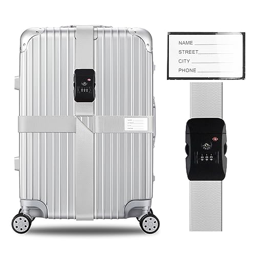 Veki Travel Cinghie per Valigia Incrociate Approvate TSA Cinghie per Imballaggio Regolabili con Tag con Nome e Carta ID Accessori da Viaggio (1 Pezzo, Argenteo)