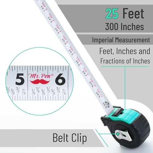 Image of Mr. Pen- Tape Measure, 25-Foot, Turquoise Blue, Steel Measuring Tape Measure with Fractions, Retractable Measuring Tape Retractable