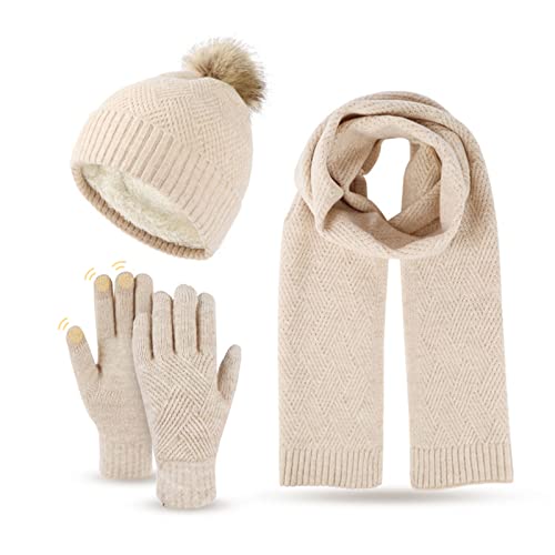 Damen Winter Warm Mütze mit Bommel Touchscreen Handschuhe und Lang Schal Set mit Dick Fleece Gefütterte, Winterhandschuhe Weihnachten Geschenk für Frauen