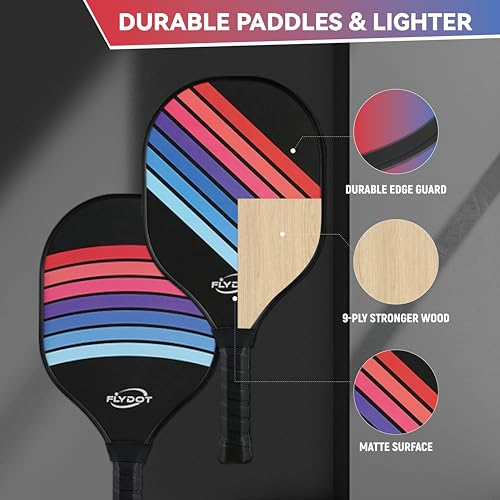 Flydot Pickleball Paddles, Set of 4, Black, 4 Indoor&Outdoor Balls and 1 Carry Bag, Pickleball Paddles for Beginner&Pro, Rackets with Ergonomic Cushion Grip