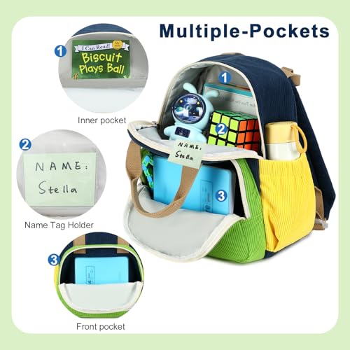 Image of Bluboon Toddler Backpack for Girls Boys 2-4 Cute 12 inch Preschool Kindergarten Backpacks Kids Daycare Bags School Travel (Green-yellow Corduroy, Age 2-4 (12 inch H not Fit A4 Folder))