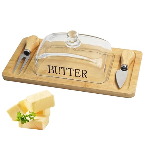 Pasdrucn 28.5x14.5cm Butter Dish with Butter Knife and Fork, Glass Butter Dish with Airtight Lid, Bamboo Glass Cheese Bell, Small Butter Dish, Glass Cheese Bell, Butter Dish for 250g Butter (A)