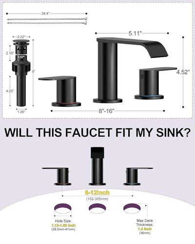 Homevacious Matte Black Waterfall Bathroom Faucet for Sink 3 Hole 8 Inch Widespread Bathroom Sink Faucets with Pop-up Drain Supply Lines Stainless Steel 2-Handle Bathroom Sink Faucet for Bath Vanity thumbnail 5