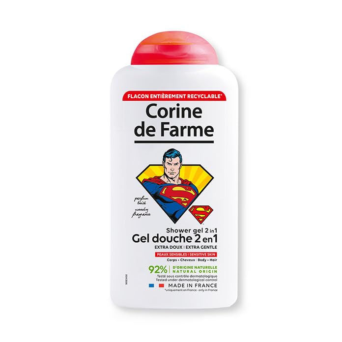 Corine de Farme - Gel de Ducha Extra Suave Superman - Jabón 2en1 para Cuerpo y Cabello de Niños - Fórmula Hipoalergénica Piel Sensible, Clean Beauty, no Pica