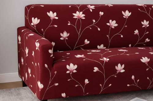 Image of Gurnoor Sofa Cover One 3 Seater and Two 1 Seater Fully Covered Universal 5 Seater for Living Room Non-Slip Sticky Elastic Stretchable Couch Sofa Set Slipcover Protector(Wine-Flower)