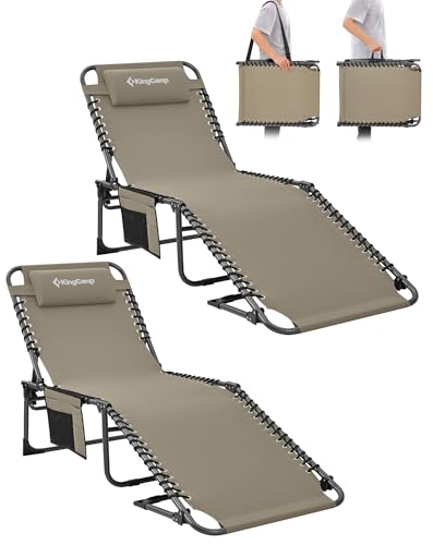 KingCamp Campingliege Sonnenliege Gartenliege Camping-Klappbett mit verstellbarem Rückenteil und Kopfkissen für Garten Urlaub Outdoor 2 Set Beige