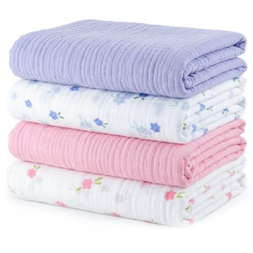 Image of Muslin Swaddle Blankets for Newborns, 4 Pack Multipurpose 100% Organic Cotton, Ultra Soft Breathable Receiving Blanket 47 x 47 inches, Swaddle Wrap for Baby Boys & Girls