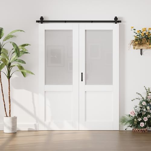 Image of 60 inchx80 inch Bifold Barn Door and 64 inch Track Kit, Upper Glass, Lower Panel Design