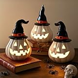 NEROSUN 3 Pack Halloween Light Up Pumpkin Decorations, Ceramic Battery Operated Lighted Jack O Lantern Figurines, Spooky Halloween Ornaments for Indoor Home Fireplace Tabletop Centerpieces