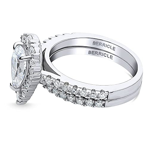 BERRICLE Sterling Silver Halo Wedding Engagement Rings Pear Cut Cubic Zirconia CZ Ring Set for Women, Rhodium Plated3