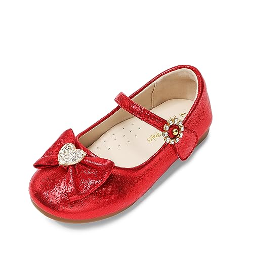 DREAM PAIRS Girls Mary Jane Dress Shoes for Toddler Heart Rhinestone Front Bow Ballerina Flat (Toddler/Little Kid) 4 Toddler Red