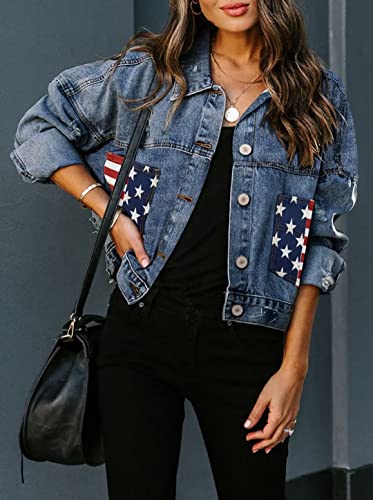 Zolucky Women's Casual American Flag Print Jean Jacket With Pockets Sexy Lapel Long Sleeve Button Down Cropped Denim Coat, Navy Star Large #TOP2